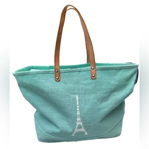 New Ballard Designs Eiffel Tower Embroidered Tote Bag with Leather Handles